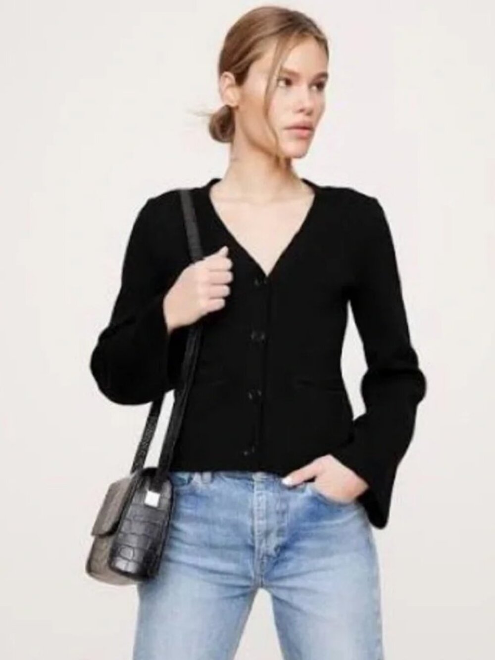 Banana Republic Flare Sleeve Cotton Silk Cardigan In Black